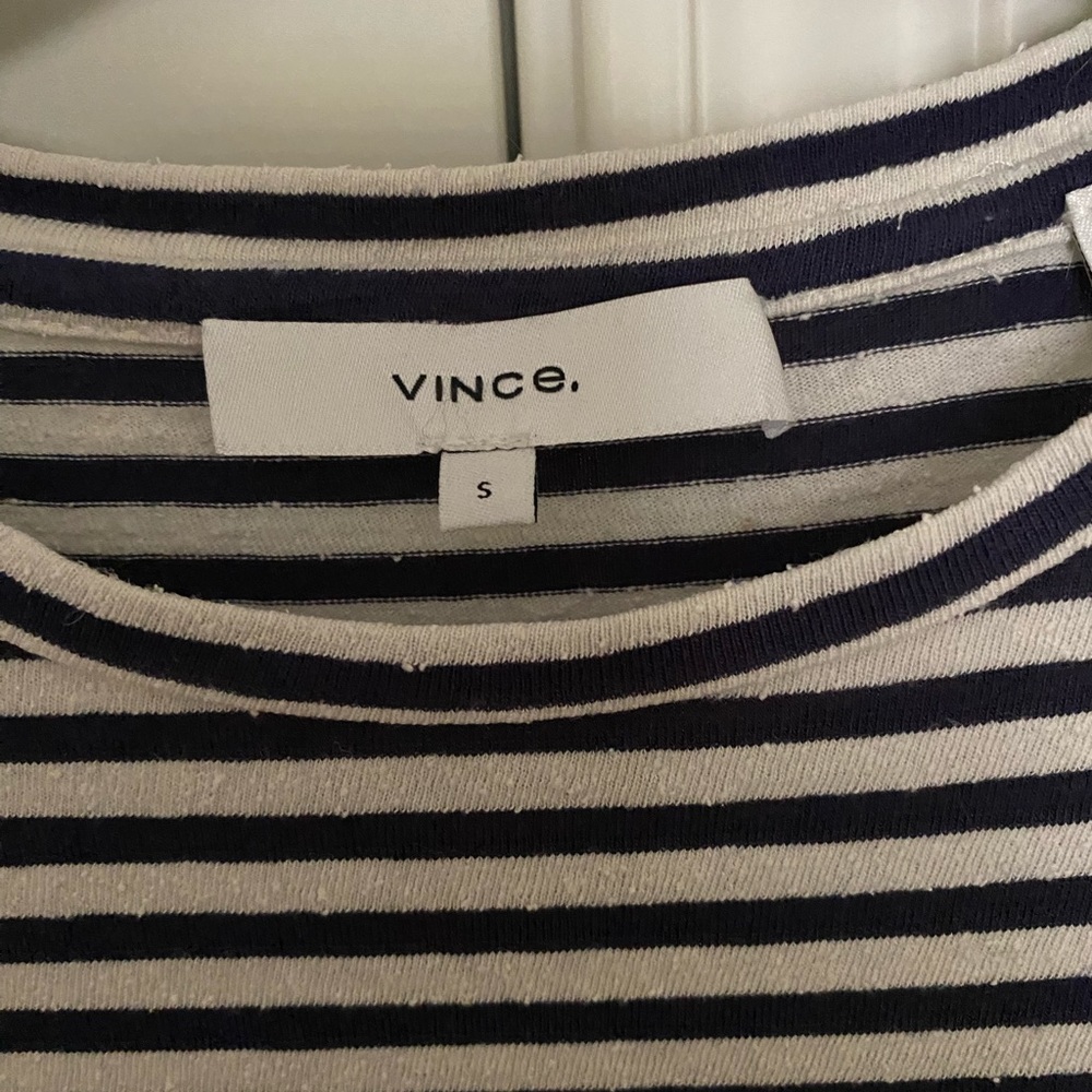 Vince navy and cream striped silk and viscose long sleeve tee shirt. - Picture 2 of 6